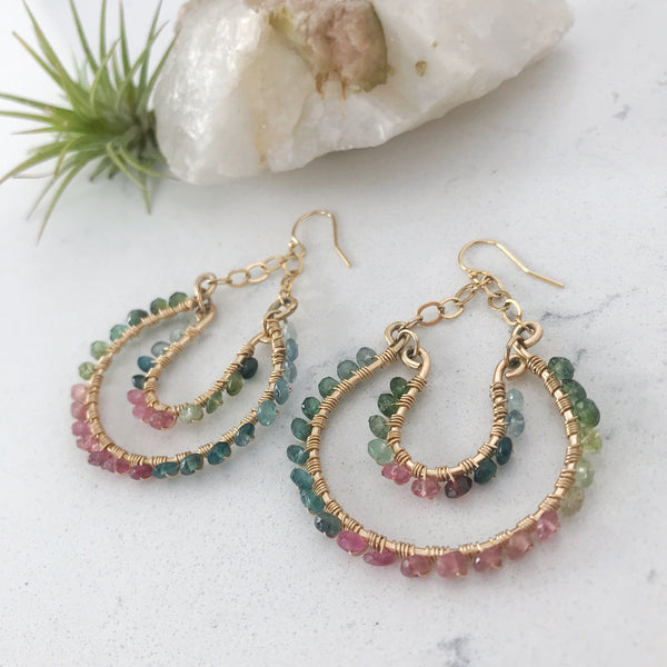 Custom healing tourmaline double horseshoe earrings by Justicia Jewelry