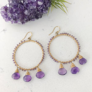 Custom healing soiree party earrings from Justicia Jewelry with amethyst