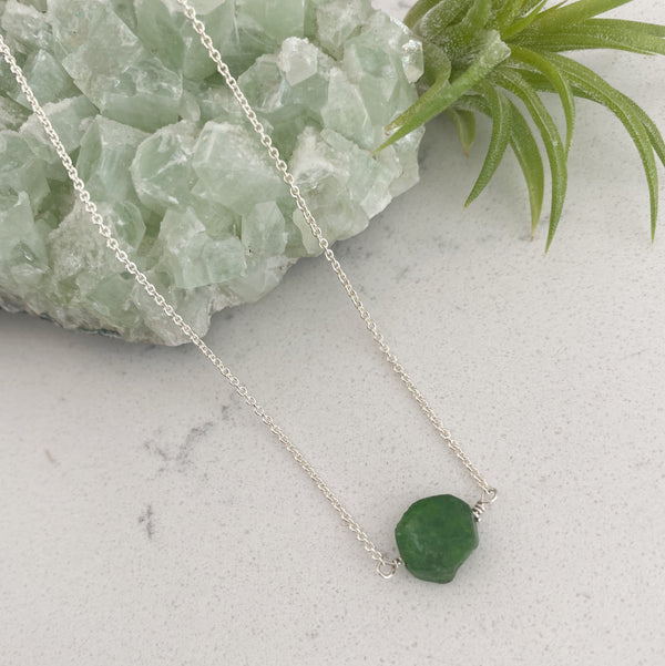 Custom healing optimist necklace from Justicia Jewelry with chrome diopside