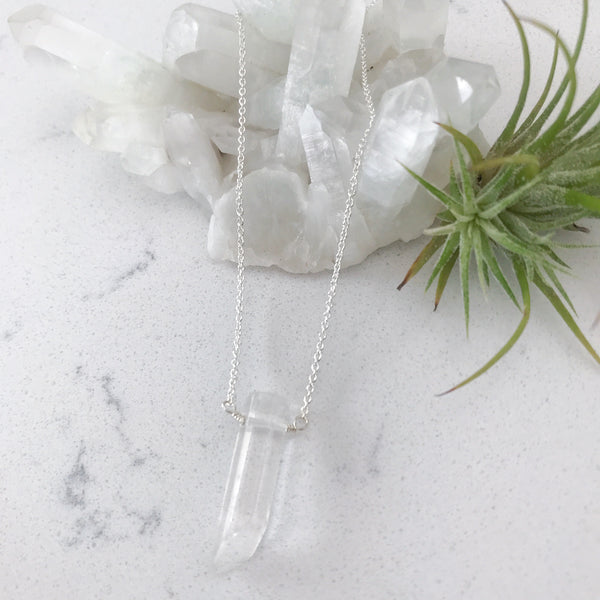 Custom healing clear quartz clarity necklace from Justicia Jewelry
