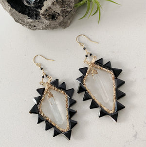Custom healing smokey quartz and spinel guardians earrings from Justicia Jewelry