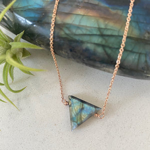 Justicia Artisan Jewelry Divinity Necklace in 14 karat rose gold fill and Labradotite 